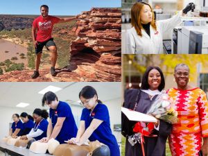 A collage of images showcase students on a university campus participating in classroom and research activities.