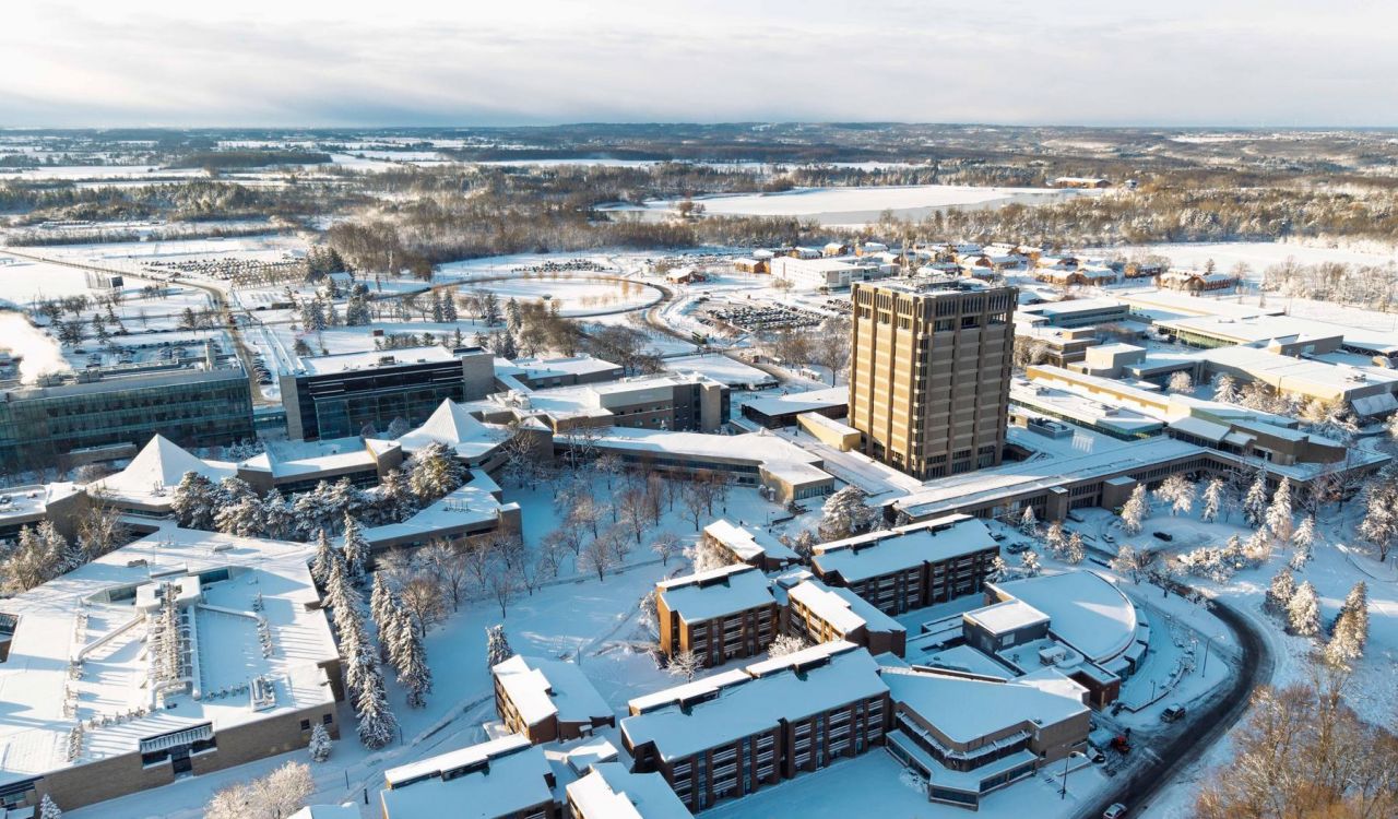 A winter aerial shot buildings on Brock University’s main campus.