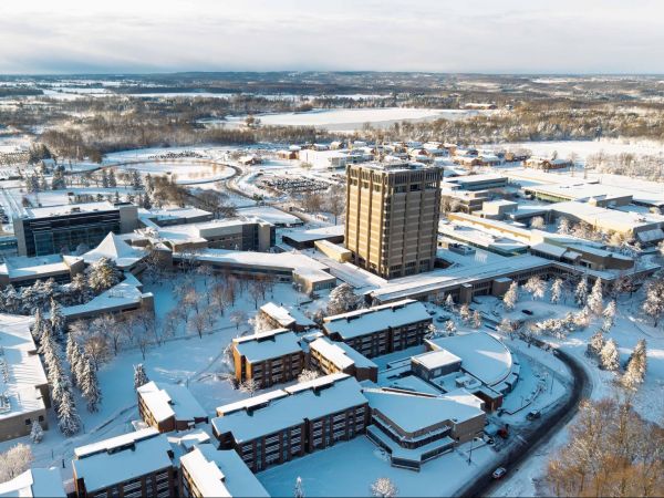 A winter aerial shot buildings on Brock University’s main campus.