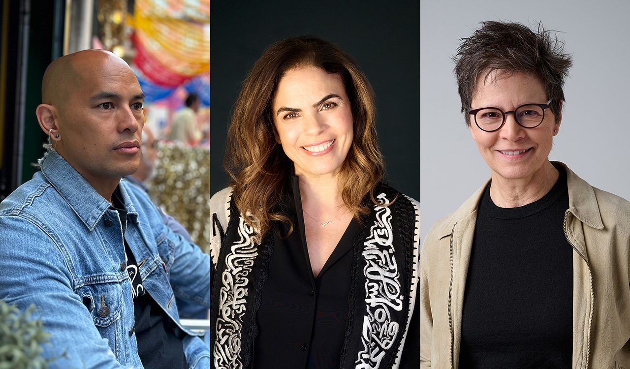 A collage of portraits of three people.