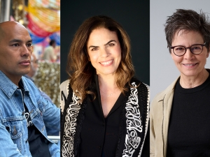 A collage of portraits of three people.