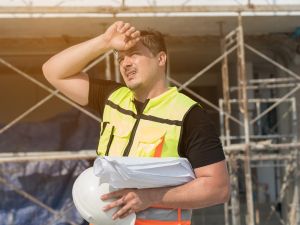 A man in safety equipment works outside in the heat.