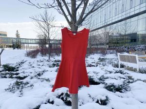 Empty red dress hangs on a tree.