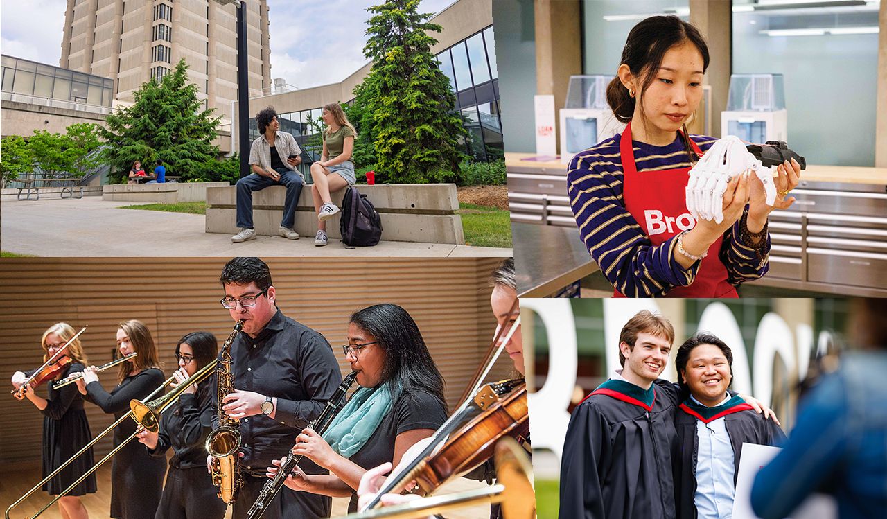 A collage of photos showcases life on a university campus, including students talking outside while sitting on a bench; a student working with a 3D printout of a hand; students playing musical instruments; and a student celebrating Convocation with their family.