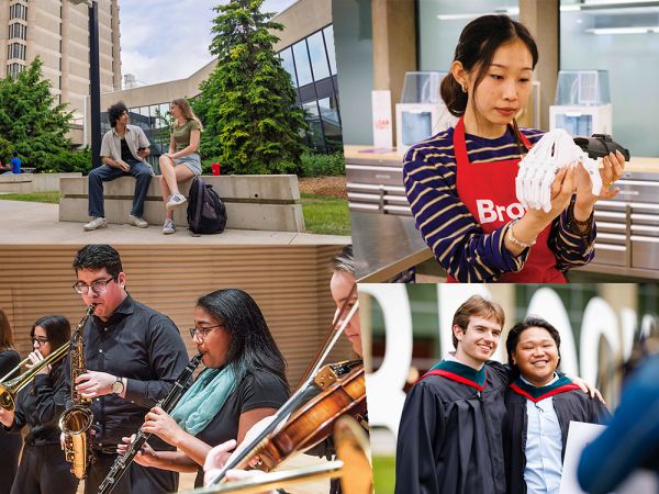 A collage of photos showcases life on a university campus, including students talking outside while sitting on a bench; a student working with a 3D printout of a hand; students playing musical instruments; and a student celebrating Convocation with their family.