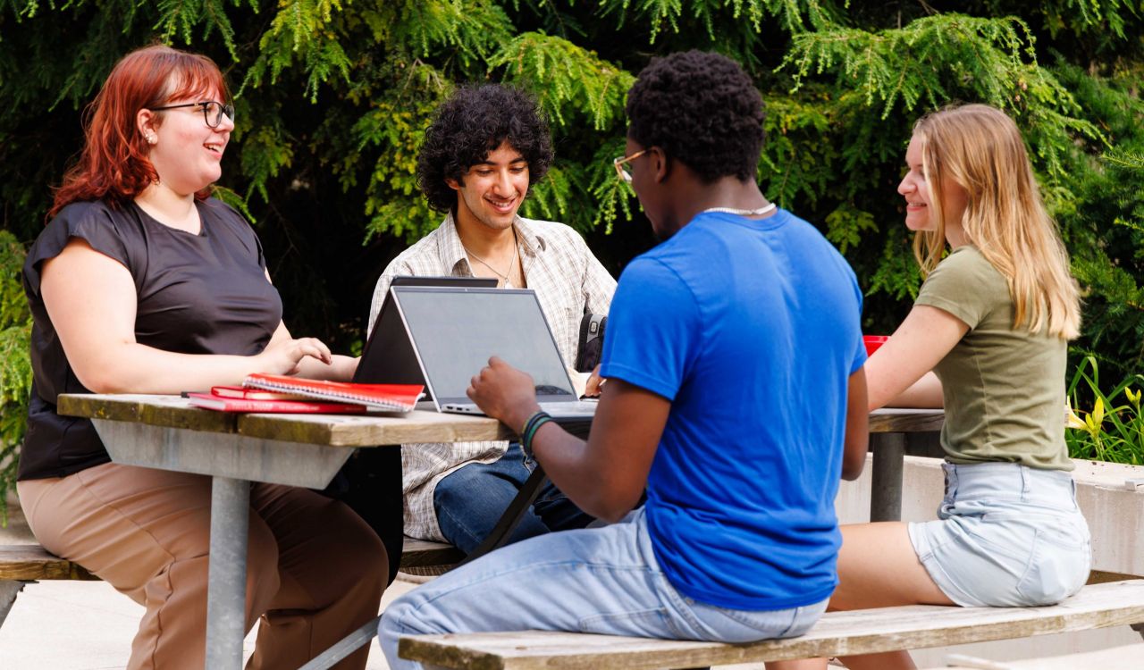 Four people sit at a picnic table talking to each other.