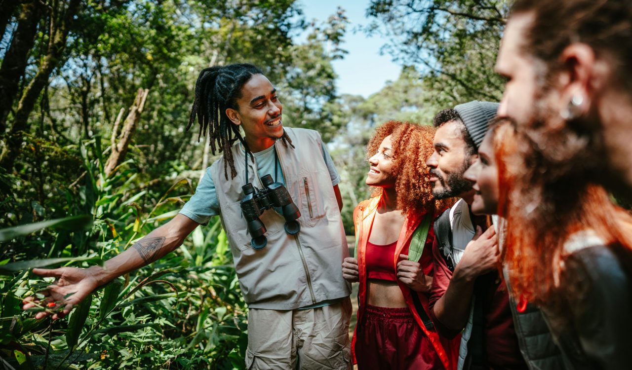 A tour guide points out plants to a group of people in a forest.