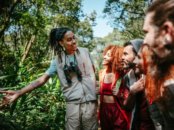A tour guide points out plants to a group of people in a forest.