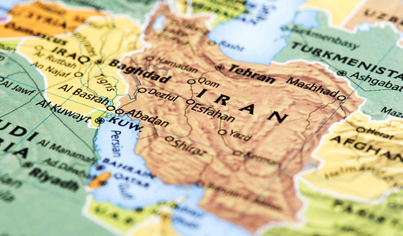 World map showing Iran and neighbouring countries.