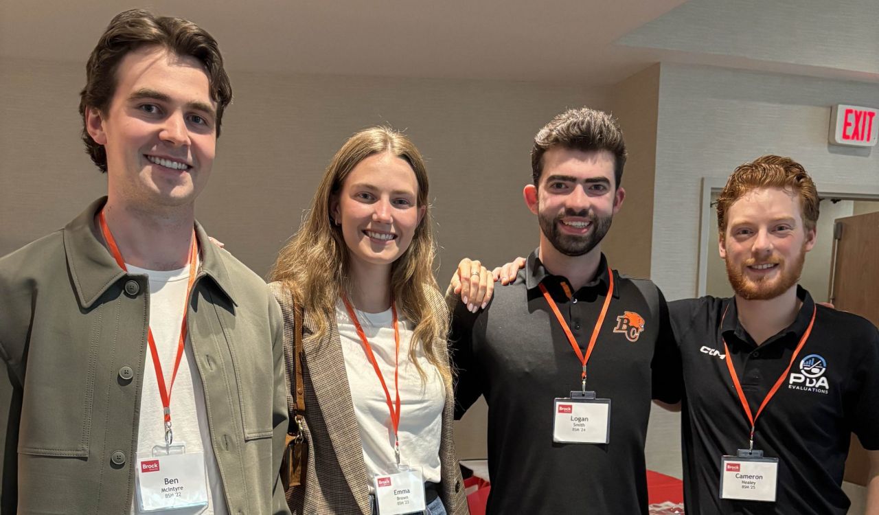 Ben McIntyre (BSM '22), Emma Brown (BSM '23), Logan Smith (BSM '24) and Cameron Healey (BSM '25) were among the Brock University graduates who came together in Vancouver on Wednesday, April 22 at an event hosted by the University's Alumni Relations team.