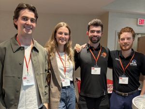 Ben McIntyre (BSM '22), Emma Brown (BSM '23), Logan Smith (BSM '24) and Cameron Healey (BSM '25) were among the Brock University graduates who came together in Vancouver on Wednesday, April 22 at an event hosted by the University's Alumni Relations team.