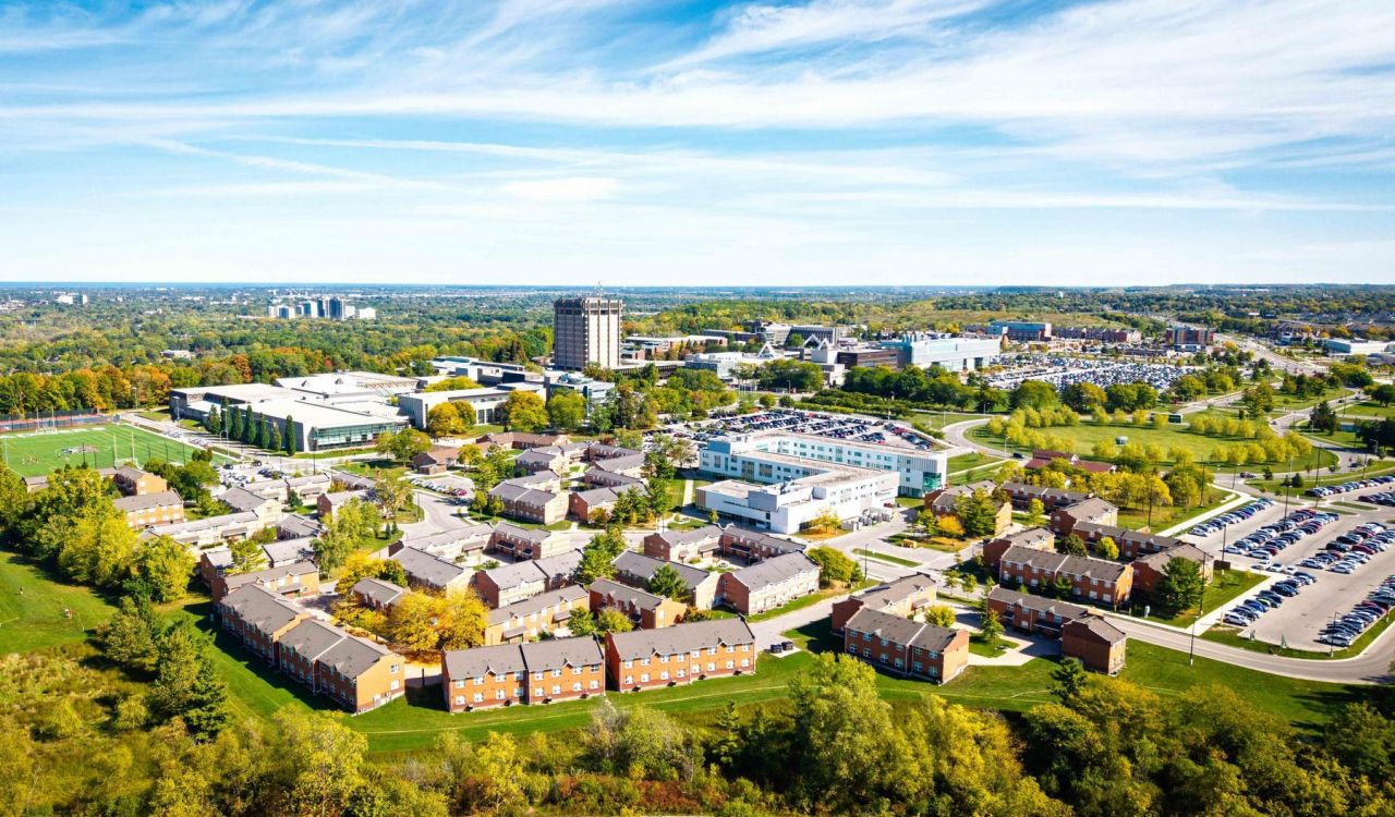 An aerial view of Brock University's main campus on a sunny day.