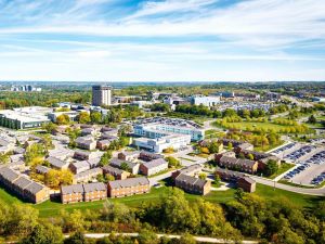 An aerial view of Brock University's main campus on a sunny day.