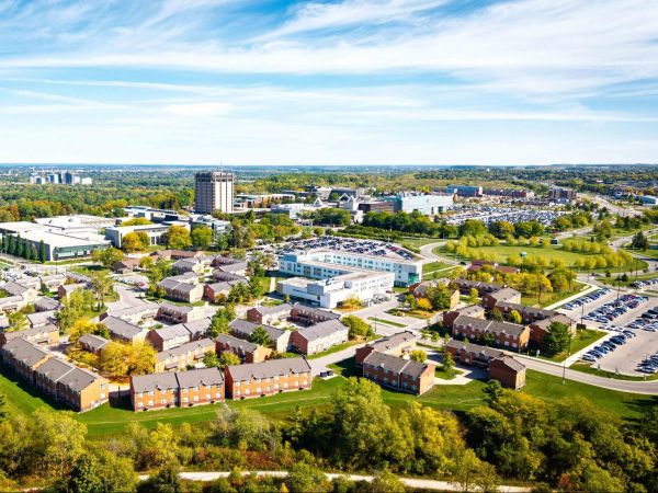 An aerial view of Brock University's main campus on a sunny day.