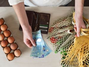Hands, seen from above, hold Canadian cash above groceries on a counter.