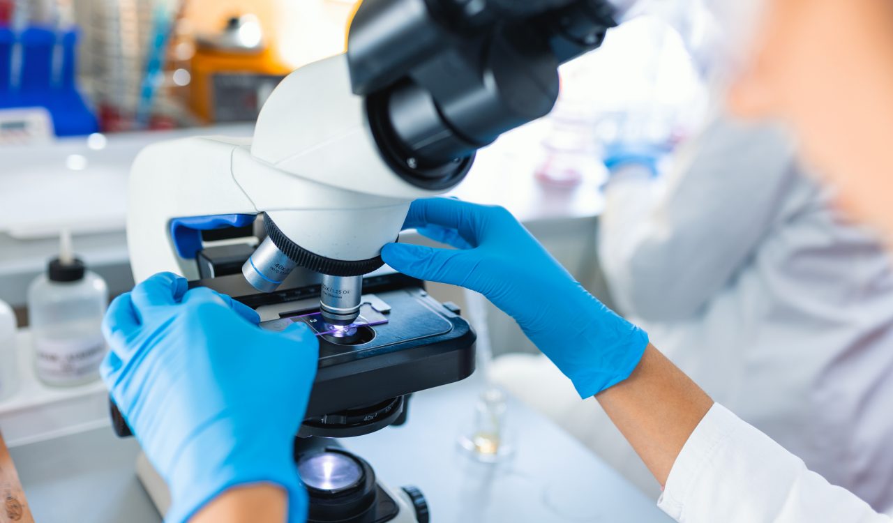Close-up of hands in blue latex gloves touching a microscope.