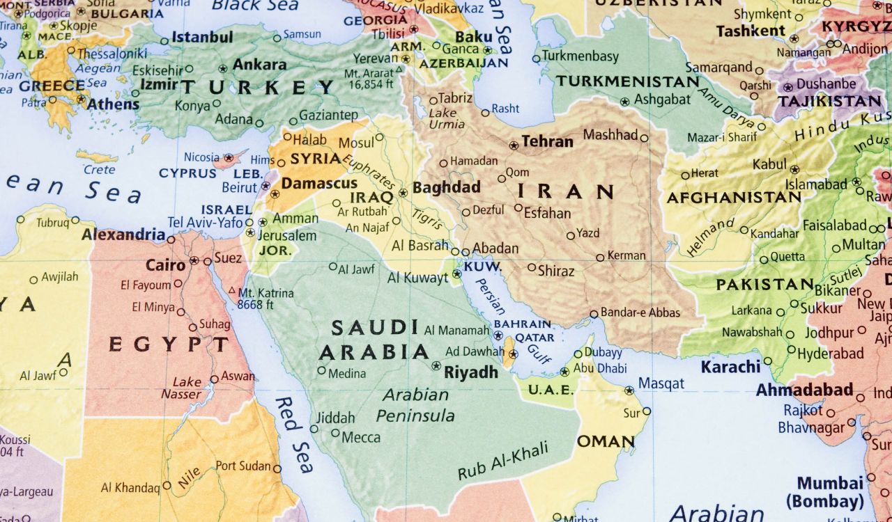 A map of Iran and surrounding nations.