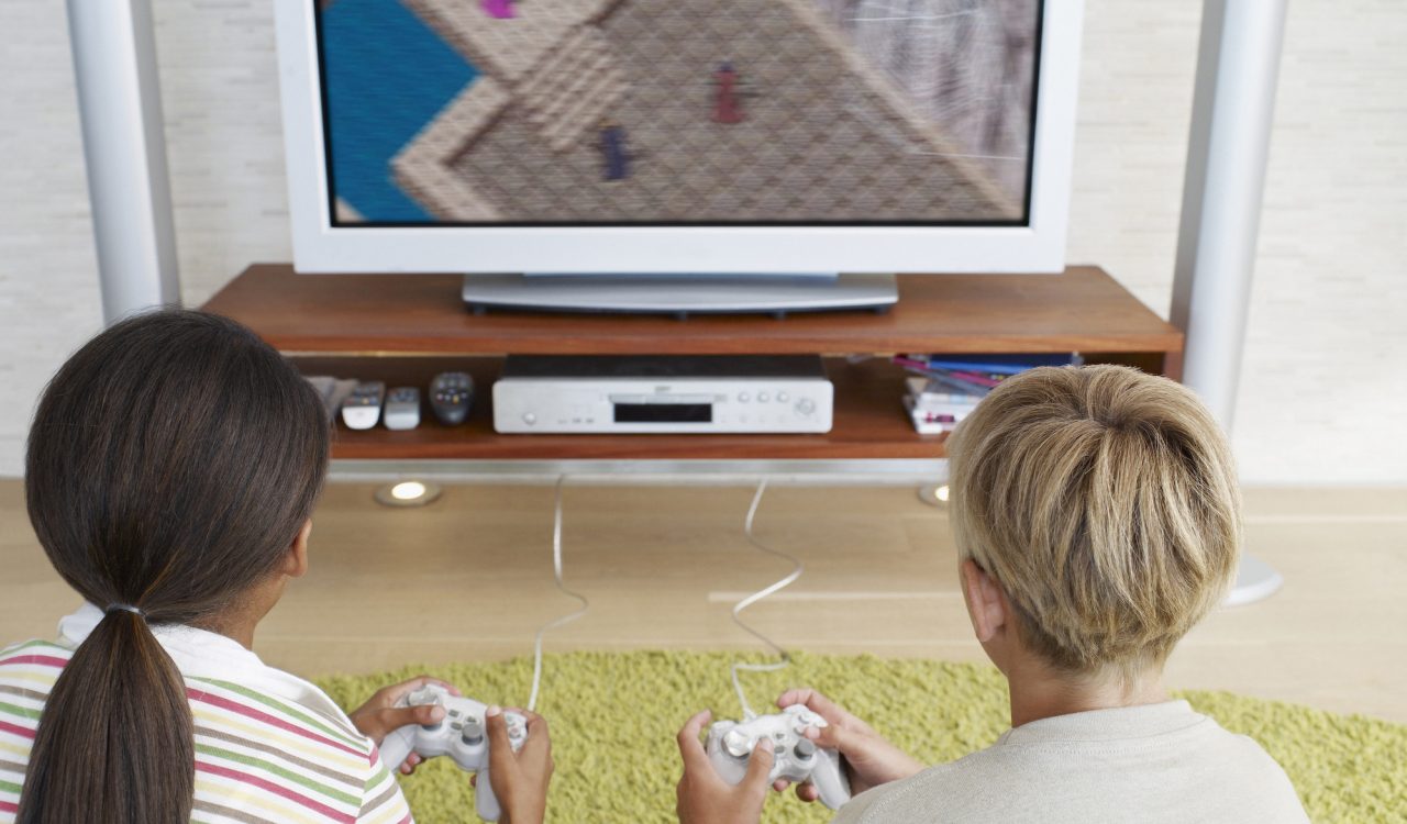 Seen from behind, two children play a video game that is visible on the TV in front of them.