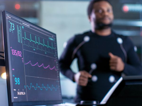 A close-up of a monitor showing health information with a person running on a treadmill behind it.