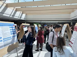 Groups of people looks at research posters in a sunny room.
