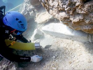 A person dives underwater excavating materials from the ocean floor.