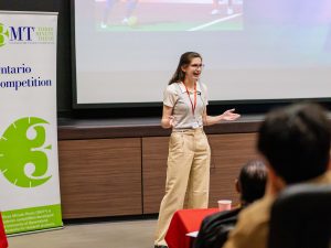 Anna Nickel of Brock University presenting during the 2026 3MT Ontario Regional Competition.