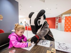 A badger mascot helps a child colour in a colouring page.