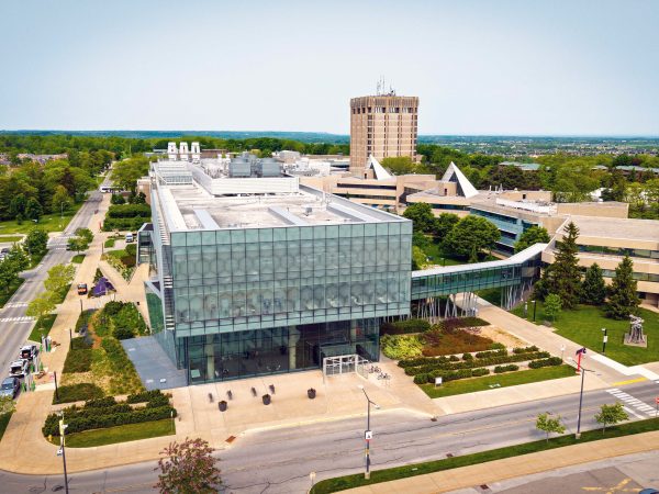Buildings and roads on a university campus.