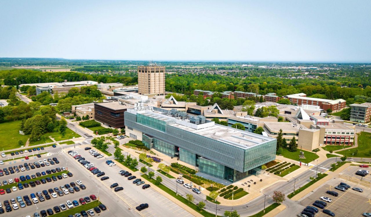 An aerial view of Brock University's main campus on a sunny day.