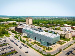 An aerial view of Brock University's main campus on a sunny day.