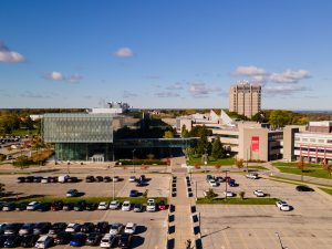 Buildings and roads on a university campus.