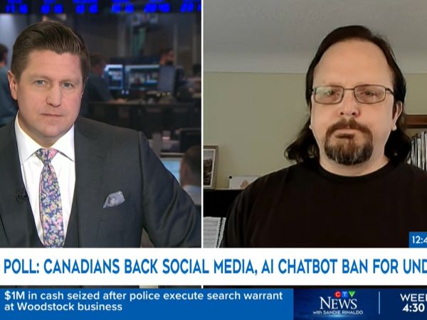 A screenshot of a news broadcast showing a journalist and a person being interviewed.