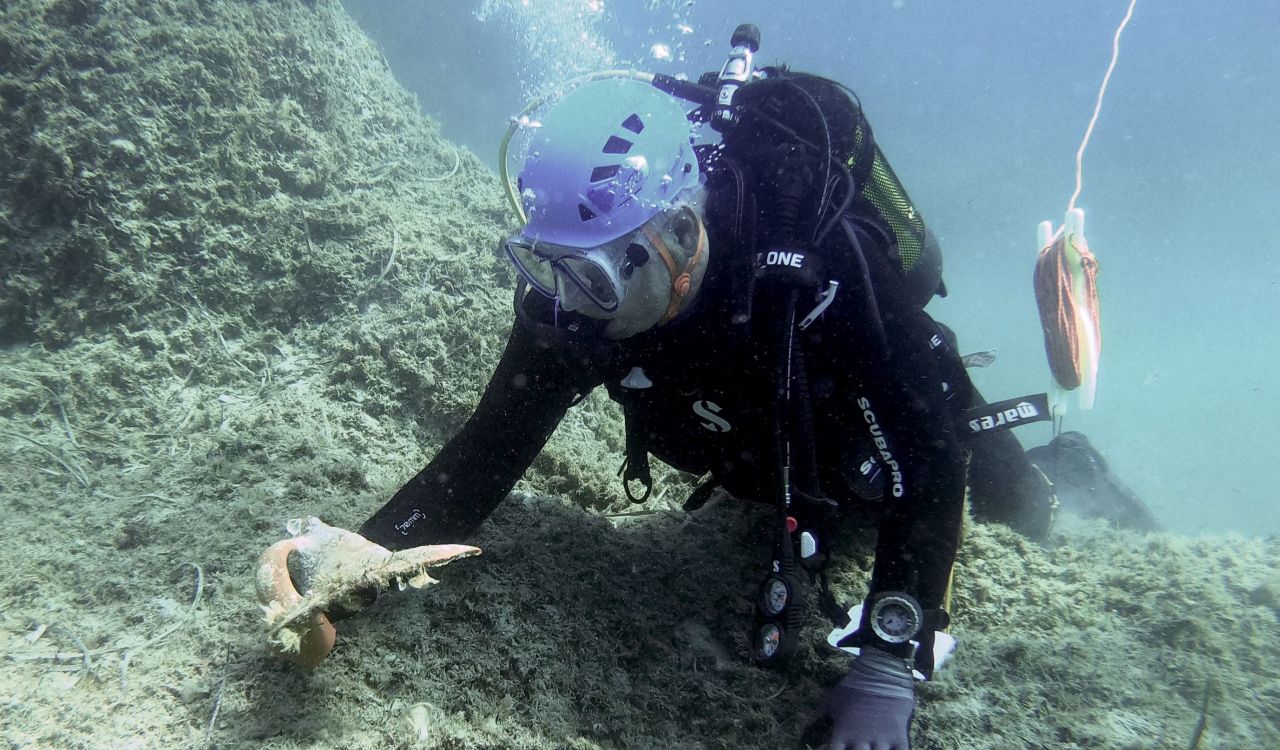 A scuba diver examines an item located on the bottom of a sea bed.