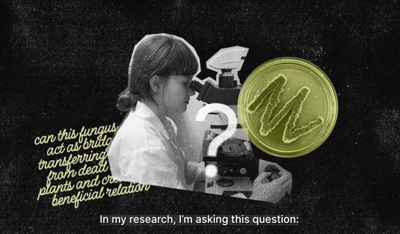 A screenshot of a video showing text, a woman using a microscope and other decorative images.