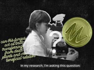 A screenshot of a video showing text, a woman using a microscope and other decorative images.