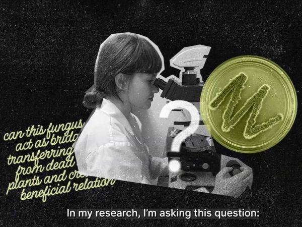 A screenshot of a video showing text, a woman using a microscope and other decorative images.