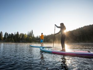 Couple paddle stand up paddleboards on tranquil mountain lake at sunrise, mist rises from Lost Lake, forest and mountains, Whistler, B.C.