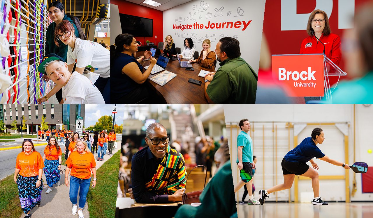 Collage of Brock University employees participating in workplace activities, including community events, meetings, wellness programs, leadership presentations, and recreational sports.