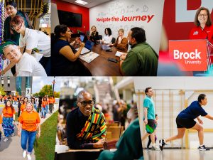 Collage of Brock University employees participating in workplace activities, including community events, meetings, wellness programs, leadership presentations, and recreational sports.