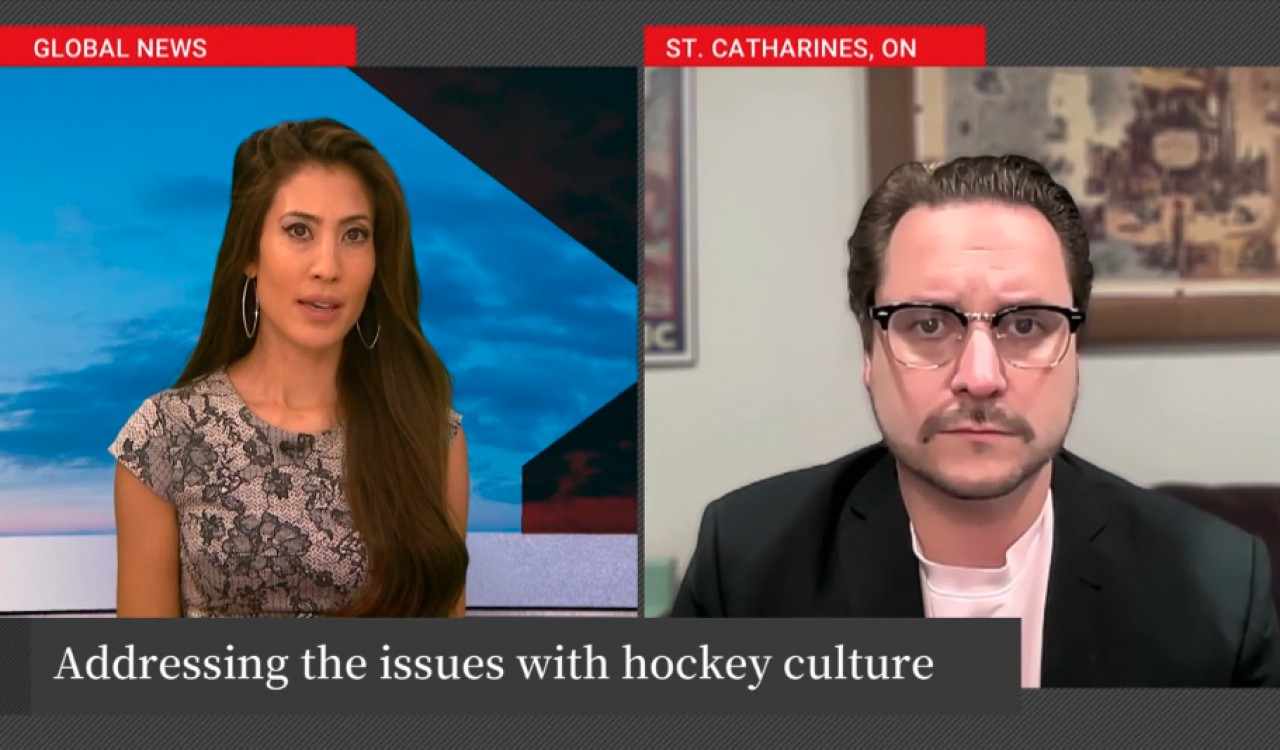 A split screen with two frames, in one a woman in a dress sits at an anchor desk in the Global News studio and in the second frame, a man wearing glasses and a blazer is seated in an office, in front of a couch and paintings on the wall.