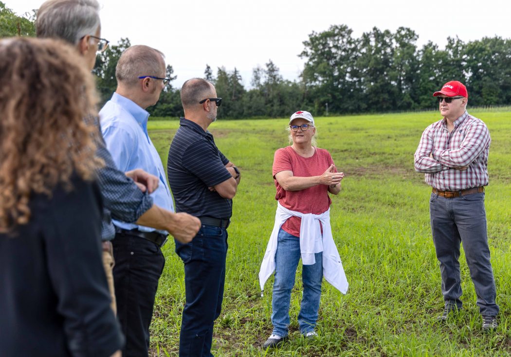 A group of six adults stands in a grassy field, listening to a woman in a red shirt and white cap who appears to be speaking. Trees are visible in the background.