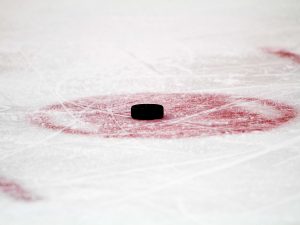 A hockey puck at the face-off circle.