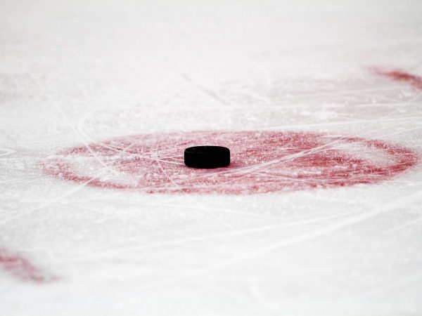 A hockey puck at the face-off circle.