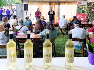 An audience of people listens to two women speaking from the front of an event at a wine festival.