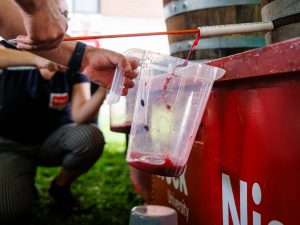 Close-up of hands pouring dark red grape juice from a barrel spigot into a clear measuring pitcher.