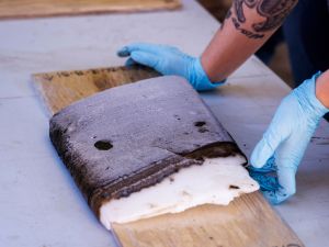 A frozen slab of dark-brown mud sits on a table, with a pair of hands wearing blue gloves holding it up.