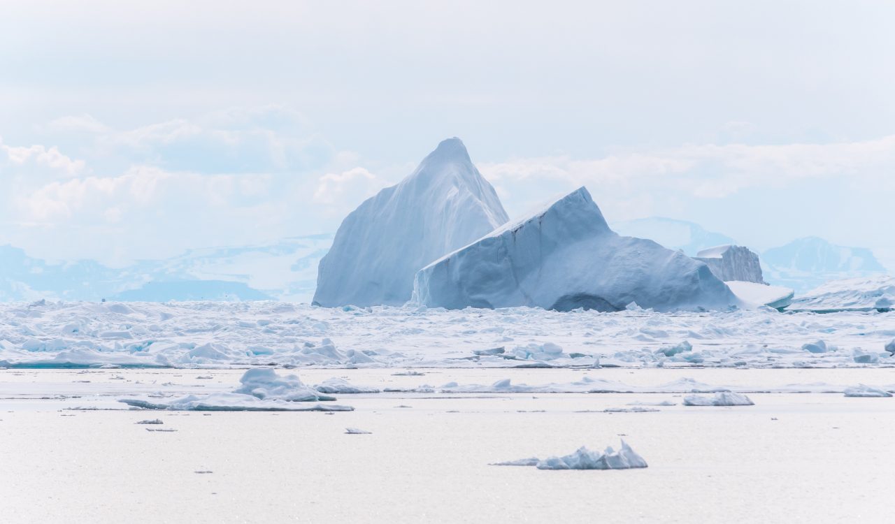 Sea ice floats in the ocean in the Arctic.