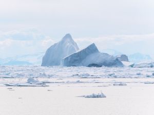 Sea ice floats in the ocean in the Arctic.