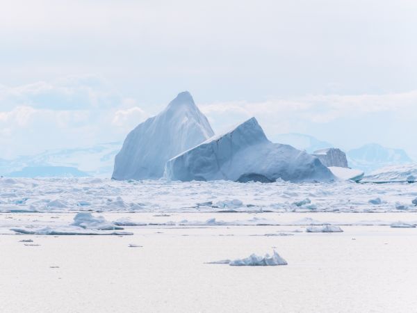 Sea ice floats in the ocean in the Arctic.