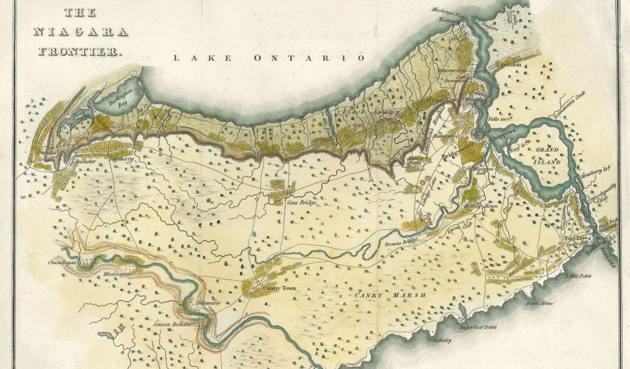 An antique map of the Niagara region and Lake Ontario.